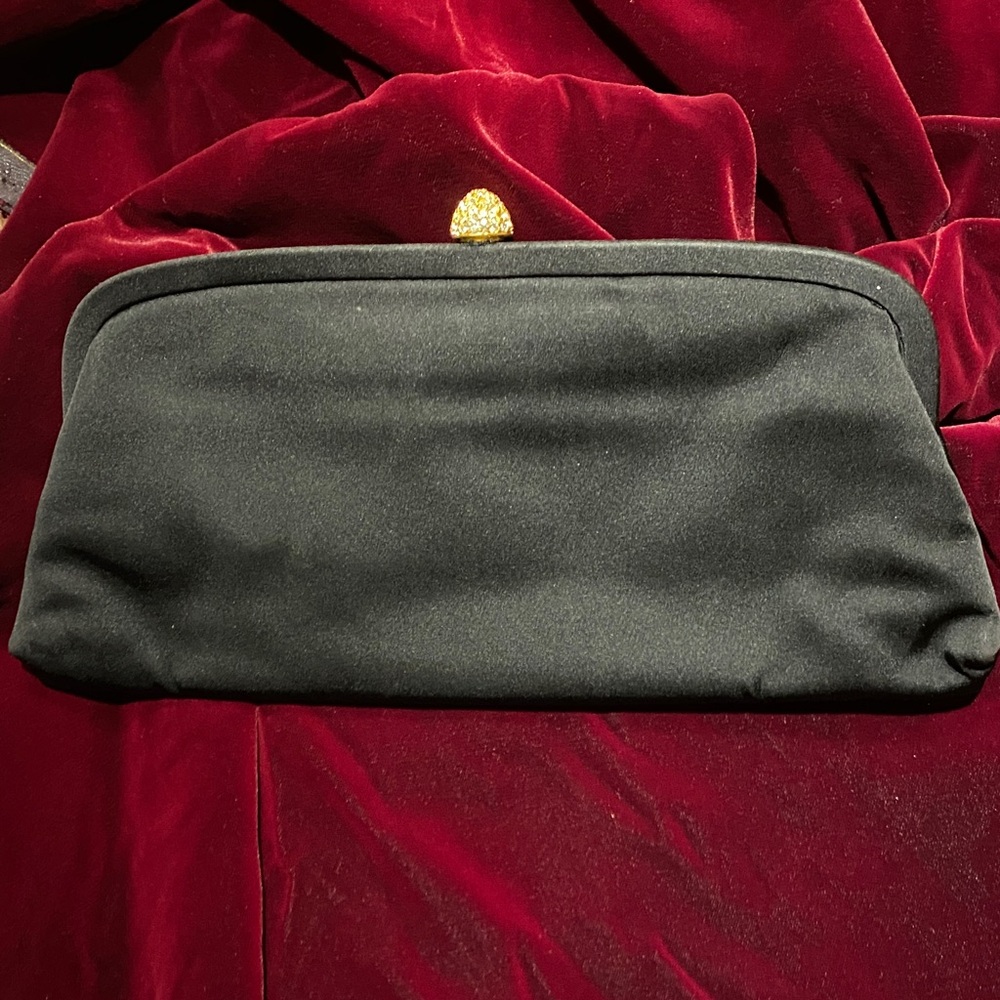 Black Satin Evening Clutch with Gold Accent